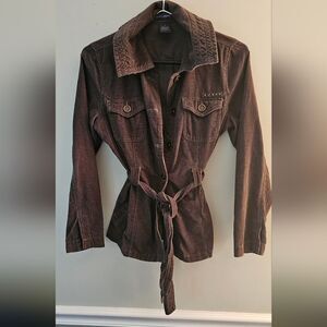 French Cuff Corduroy Jacket Lightweight, Pockets, Buttons, Dark Green/Brn Sz L